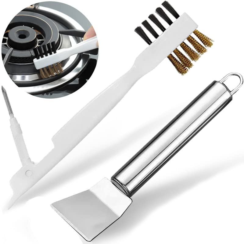 2pcs Kitchen Gas Stove Cleaning Brass Wire Brush Putty Scraper Rust Grease Grime Cleaner (Stove Brush + Stainless Steel Scraper)