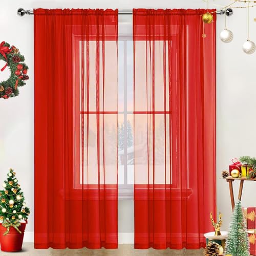 Basic Rod Pocket Sheer Voile Window Curtain Panels White 1 Pair 2 Panels 60 Width 63 Inch Long for Kitchen Bedroom Children Living Room Yard (Red / 60"W x 63"L (Pack of 2))