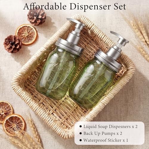 Plastic Mason Jar Soap Dispenser with Pump Lid 16OZ (Green Jar With Silver Pump)
