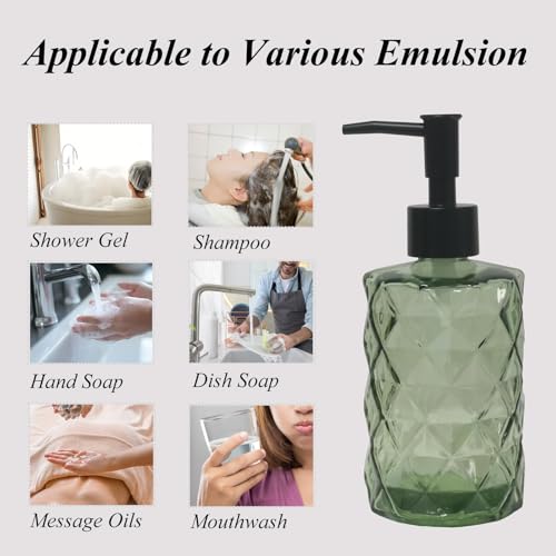12Oz Green Glass Soap Dispenser with Plastic Pump (Green Diamond)