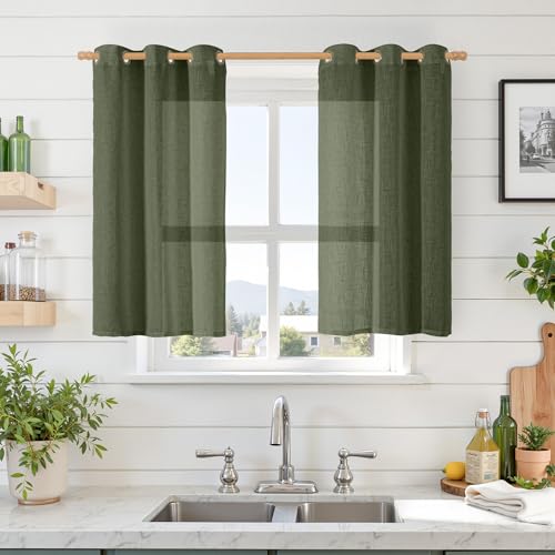 Sheer Linen Curtains 40 inch Long for Kitchen Windows 2 Panels (34"W x 40"L (Pack of 2) / Olive Green)