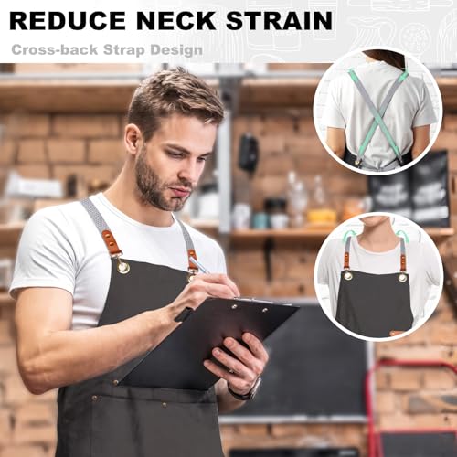 chef apron bib tool apron for man woman cross back straps with 4 pockets for kitchen cooking gardening baking working (Black)