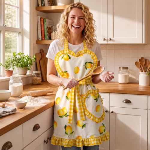 Yellow Lemon Apron for Women Ruffle Cross Back with Pockets (Yellow Lemon)