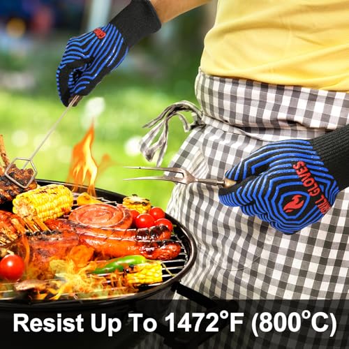 BBQ Gloves Oven Gloves 1472℉ Extreme Heat Resistant (Black Blue / One Size Fits Most(Regular Cuff))