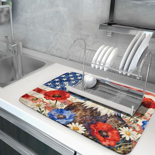4th of July American Flag Eagle Dish Drying Mat for Kitchen Counter 18x24 Patriotic Floral Memorial Day Absorbent Reversible Microfiber Drying Mats Kitchen Countertop Protector Dishes Drainer Pad (18" x 24")