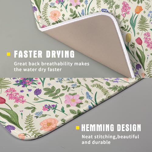 Spring Floral Dish Drying Mat for Kitchen Counter 16x18 Pink Sage Green Flower Vintage Botanical Print Absorbent Reversible Microfiber Drying Mats Kitchen Countertop Protector Dishes Drainer Rack Pad (16" x 18")