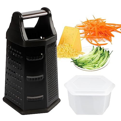 Box Grater Cheese Grater Shredder Stainless Steel with 6 Sides (Black)