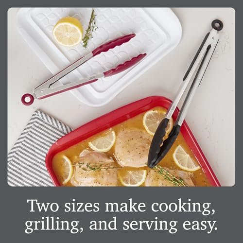 Stainless Steel Tongs with Silicone Tip Set 9" 12" with Easy Lock Mechanism for Grilling Air Fryer Cooking Serving Salad (Black & Sangria / 9" & 12 / Set of 2)