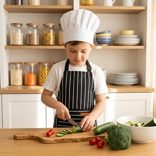 2 Pack Stripes Kid's Apron with 2 Pockets (45x50cm / Black Wide Stripes, Solid Black)