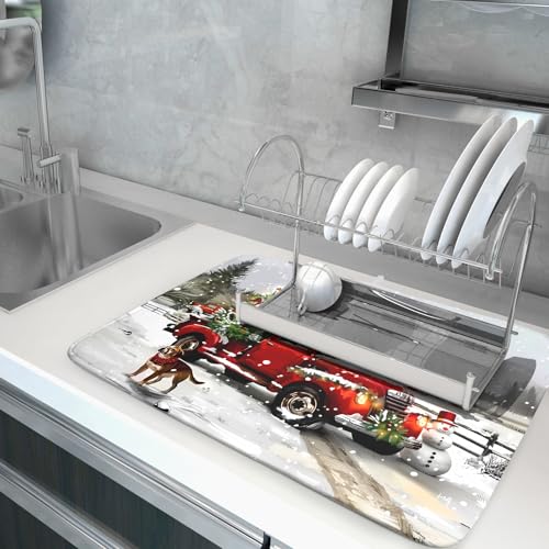 Christmas Red Truck Dish Drying Mat for Kitchen Counter 18x24 Inch Xmas Tree Snowman Dog Winter Print Absorbent Reversible Microfiber Drying Mats Kitchen Countertop Protector Dishes Drainer Rack Pad