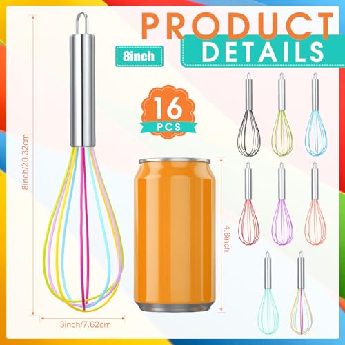 16 Pcs 8 Inch Whisks Bulk for Cooking Silicone Whisks Non Scratch Stainless Steel Hand Coated Metal Heat Resistant Egg Beaters for Classroom Cook Party Favor Gift Supplies (8 Inch)