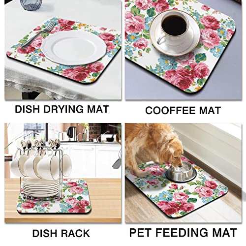 Coffee Bar Mat Accessories for Countertop Absorbent Hide Stain Rubber Backed Dish Drying Mats for Kitchen Counter Draining Pad Decor Gift (Pink Red Roses Floral / 16" x 18")