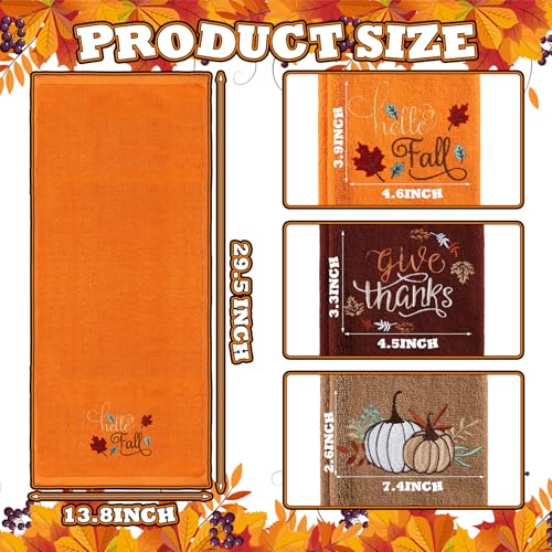 3 Pcs Fall Hand Towels for Bathroom 13.8 x 29.5 Inch Autumn Decorative Bath Towels Sets 100% Cotton Embroidered Pumpkin Maple Thanksgiving Bathroom Decor (Orange and Brown / Pumpkin)