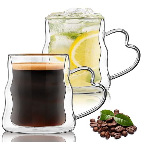 Double Wall Glass Coffee Mugs Set of 2 (Clear mug-16.9oz)