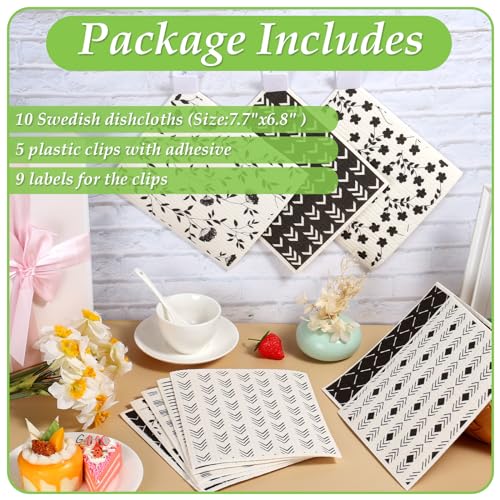 10 Pack Swedish Dishcloths with Hook (10 Pack-black White+ Clips)