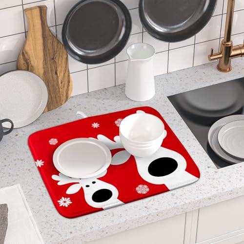 Xmas Dish Drying Mat for Kitchen Counter Cute Reindeer Holiday Snowflake Microfiber Absorbent Dish Draining Reusable Washable Foldable 16"x18" (18" x 16")