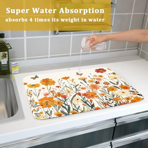 Fall Orange Wildflower Dish Drying Mat for Kitchen Counter (18" x 24")