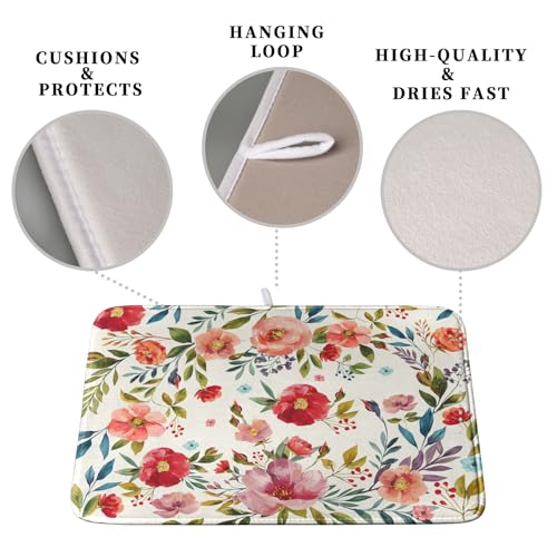 Floral Dish Drying Mat for Kitchen Counter Absorbent Microfiber Dishes Drying Pad Cute Flowers Dish Drainer Rack Mats Washable Coffee Sink Mat Extra Large 18"x24" Dish Mat (Floral Pink Red / 18" x 24")