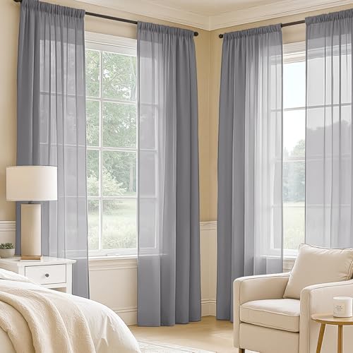 Dark Grey Sheer Curtains 96 Inches Long 4 Panels 54 x 96 Inches (54"W x 96"L (Pack of 4) / Dark Grey)