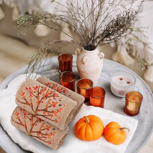 3 Pcs Fall Hand Towels for Bathroom 13.8 x 29.5 Inch Autumn Decorative Bath Towels Sets 100% Cotton Embroidered Pumpkin Maple Thanksgiving Bathroom Decor (Khaki / Autumn Tree)