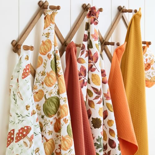 Autumn Harvest Falling Leaves Kitchen Towel 3 (Tan/Red/Green)