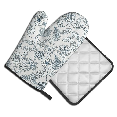 Blue Floral Oven Mitts Set (Vintage Blue White Floral)