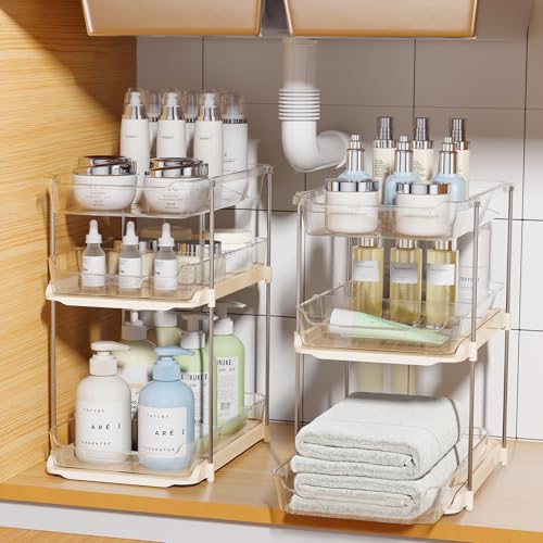2 Pack 3 Tier Bathroom Under Sink Organizers and Storage (Beige / 2 Pack 3-Tier)