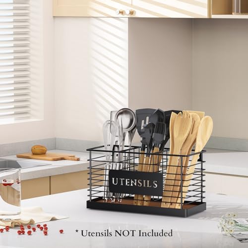 Utensil Holder for Kitchen Counter Large Black Metal Cooking Utensil Organizer 3 Compartments for Countertop Kitchen Tool Spatula Holder Wood Base (Brown-3 Slots)
