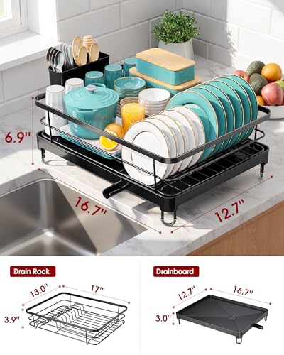 Stainless Steel Dish Drying Rack for Kitchen Counter (Black / Large - 12.5"W X 16.5"L)
