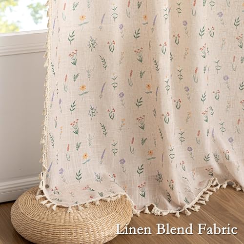 Floral Boho Semi Sheer Linen Blend Farmhouse Curtains 84 Inches Long 2 Panels Set Cute Flower Printed Drapes with Tassels Back Tab Rod Pocket for Living Room Bedroom (Flesh Pink / 50"W x 84"L (Pack of 2))