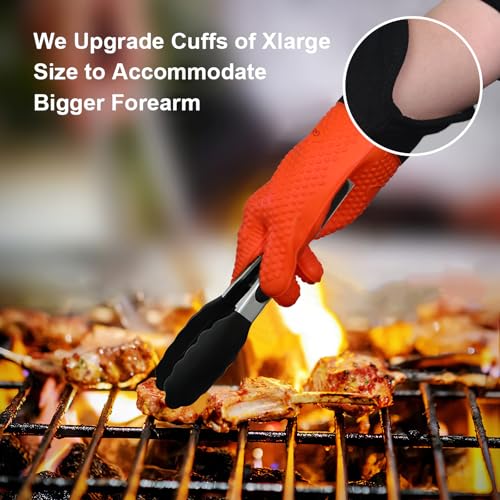 BBQ Gloves Heat Resistant Oven Mitts (Orange / Extra Large)