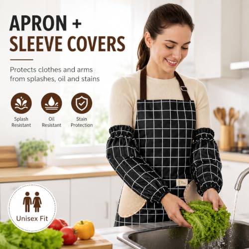 Waterproof Bib Apron Set with Sleeves (Black-grid)