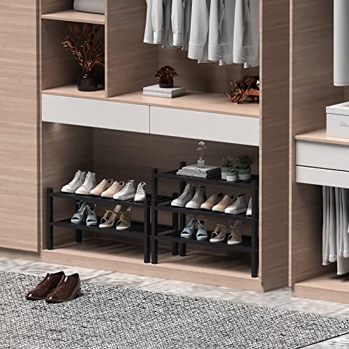 3 Tier (Thick) Bamboo Shoe Rack for Entryway, Small Wood Shoe Shelf Storage Organizer for Closet, Shoe Stand for Hallway, Stackable and Sturdy 27"x12"x21" Black (Black / 3 Tier(Thick))