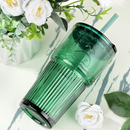 Green Glass Tumbler with Lid and Straw (Green-3)