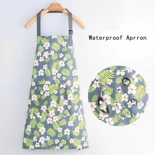 Floral Aprons with Pocket Blooming Floral Womens Waterproof Apron (Green Flowers)