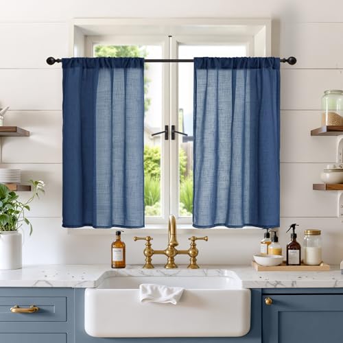 Navy Blue Small Linen Curtains 36 Inch Length for Kitchen Window (Navy / 30"W x 36"L (Pack of 2))