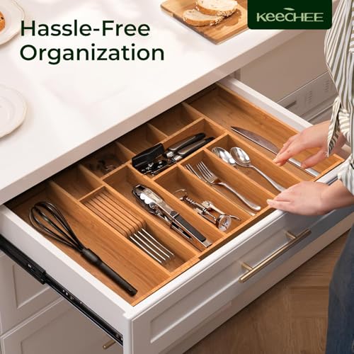 Carbonized Large Bamboo Kitchen Drawer Organizer (12 Slots（Large & Expandable）)