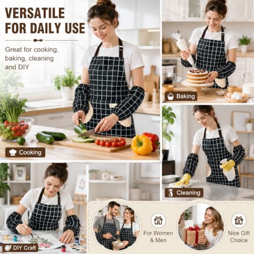 Waterproof Bib Apron Set with Sleeves (Black-grid)