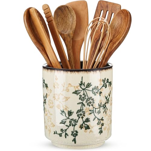Rustic Ceramic Utensil Holder Brown Green Floral 5.5" (Brown Green Floral / 5.5" / Rustic)