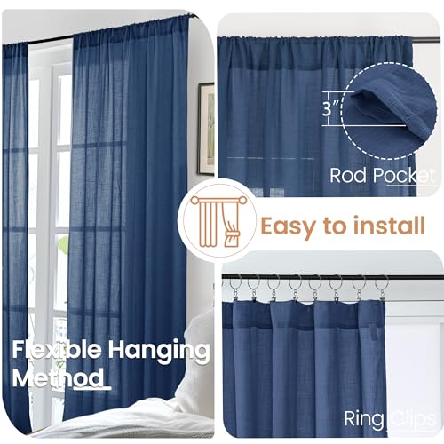 Navy Blue Linen Curtains 63 Inch Length for Living Room (Navy / 52"W x 63"L (Pack of 2))