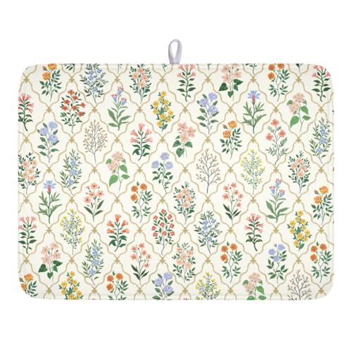 Floral Dish Drying Mat for Kitchen Counter Spring Summer Wild Flowers Diamond Pattern Microfiber Dish Drainer Mat Rustic Absorbent Washable Drying Pad Extra Large 18"x24" (Spring Summer Floral / 24" x 18")