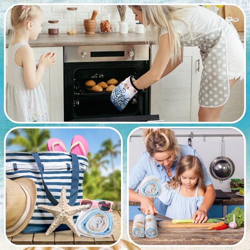 6 Pcs Summer Beach Kitchen Towels Pot Holders Oven Mitts Set (Beach)