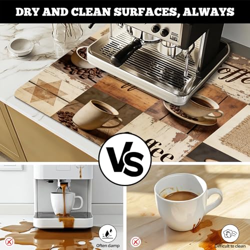 Dish Drying Mat Large Coffee Mat Absorbent Drying Mat for Kitchen Counter Coffee Bar Accessories 32"x 17" (Retro Wood Grain Collage)