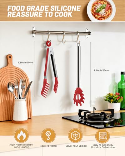 Spaghetti Spoon and Pasta Tong with Teeth and Drain Holes (Red)