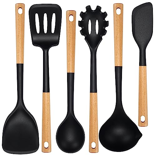 6 Pcs Silicone Kitchen Utensils Set Wood Handle BPA (Black-A / 6 Piece)