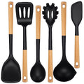6 Pcs Silicone Kitchen Utensils Set Wood Handle BPA (Black-A / 6 Piece)