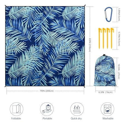 Beach Blanket Mat Waterproof Sandproof for 2 (Leaves Blue / 79" X 83"（1-4person）)