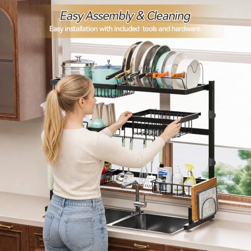 Over Sink Dish Drying Rack (Black / 32-40L x 12W x 34-38H (inches))