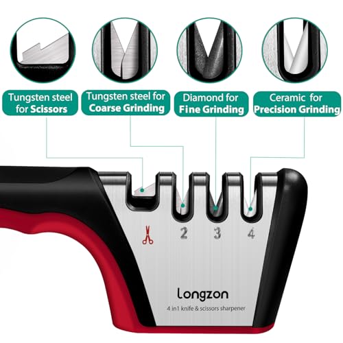5-in-1 Knife Sharpener 4 Stage with Cut-Resistant Glove, Black+Red (Black+Red)