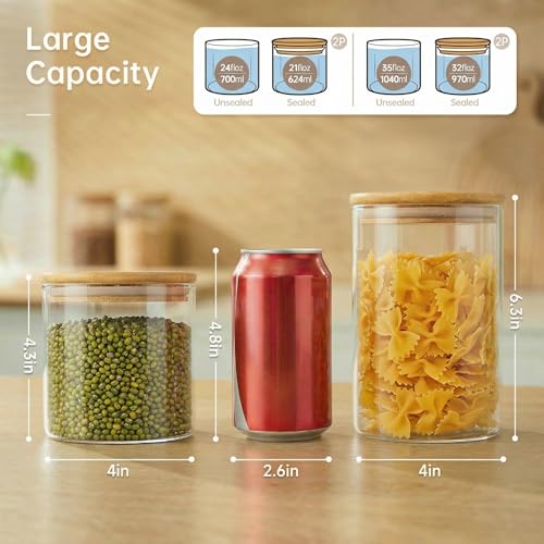 32 oz & 21 oz Round Glass Food Storage Containers with Bamboo Lids (32oz & 21oz 4 Pack)